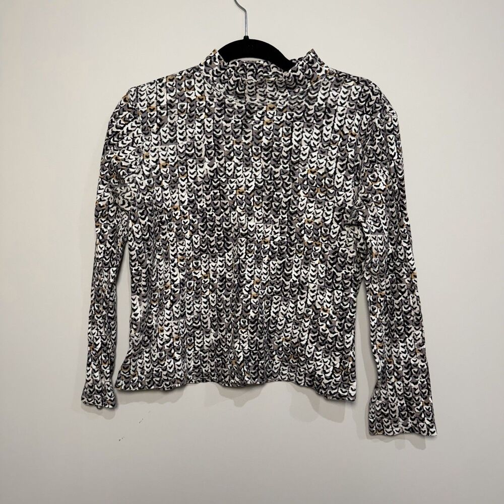 Studio Works Petite PS Black White Abstract Mock Neck Long Sleeve Cotton Top